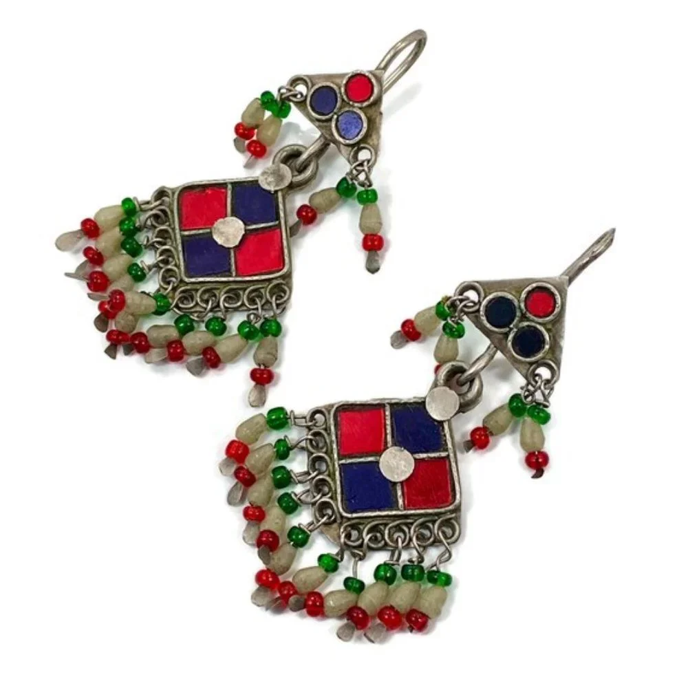 Gypsy Earring, Middle Eastern, Old Silver, Red, Blue Jewels, Glass, Kashmir